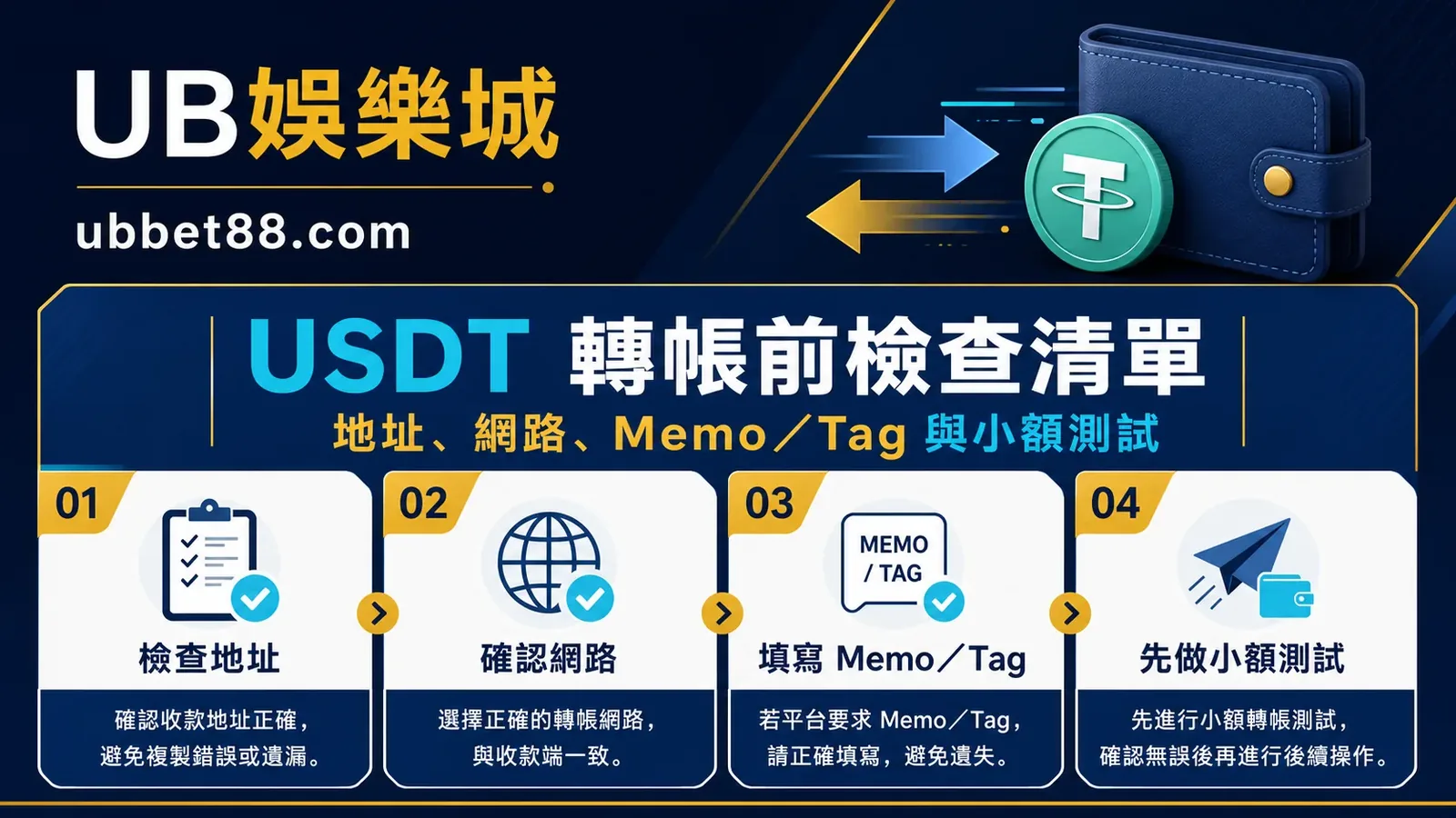 USDT 轉帳前檢查清單：地址、網路、Memo／Tag 與小額測試怎麼做