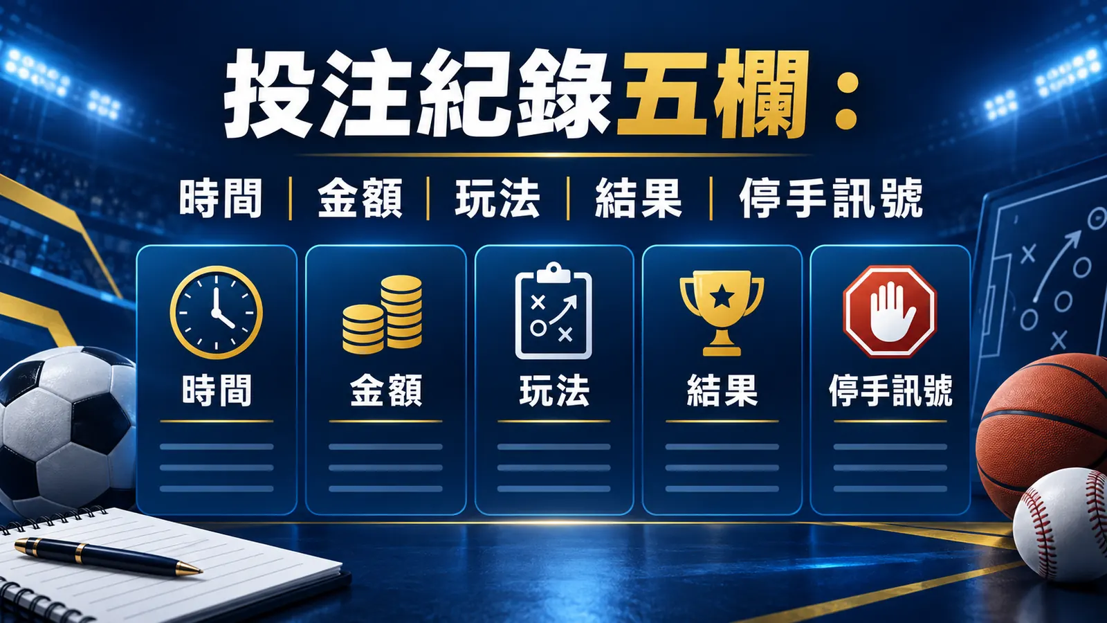 投注紀錄怎麼做才有用?金額、時間、玩法、結果與停手訊號五欄 精選資訊圖