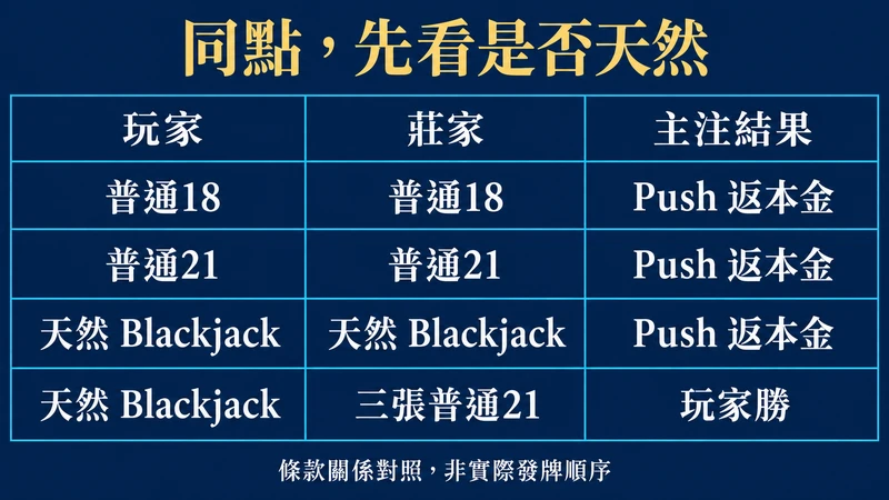 普通18和普通21同點及雙方天然均Push返本金;玩家天然對莊家三張普通21為玩家勝,僅條款對照非發牌順序