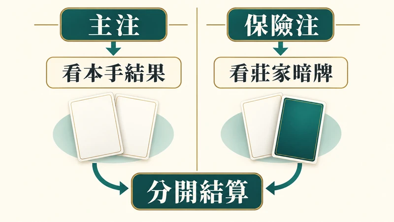 主注依本手結果、保險注依莊家暗牌條件各自結算的概念圖。