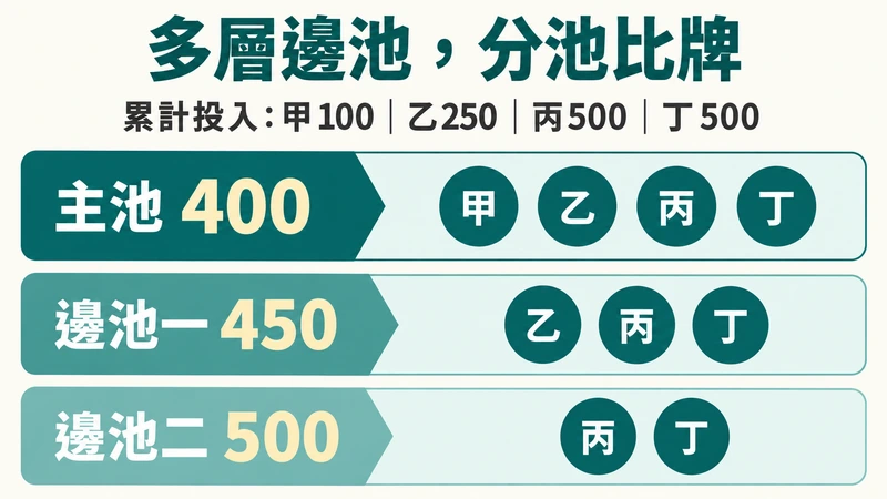 四名玩家的主池、兩層邊池與各池爭取資格