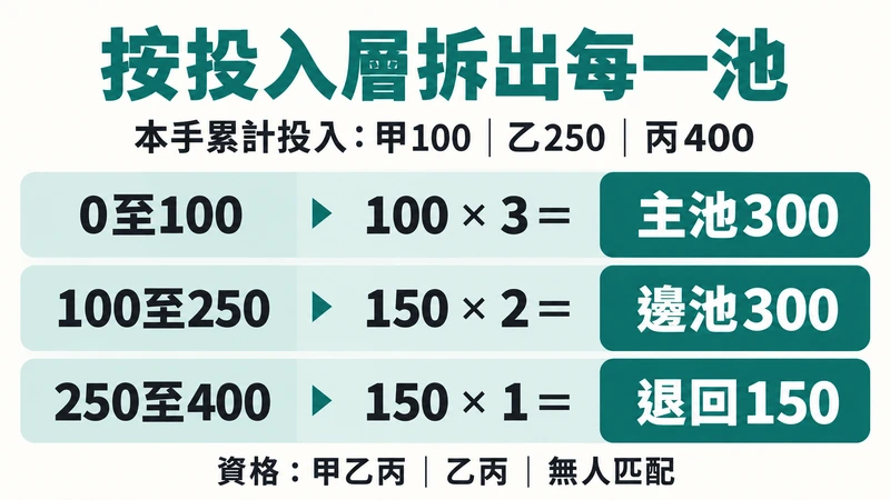 主池、邊池與未匹配籌碼的投入層級算例