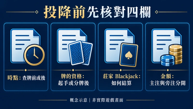 四欄清單提醒核對 Surrender 時點、牌的資格、莊家 Blackjack 處理及主注旁注分開結算。
