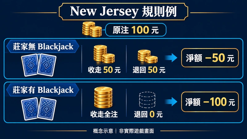 以 New Jersey 規則例拆解原注 100 元在莊家無或有 Blackjack 時的收走、退回與淨額，不代表其他桌規。