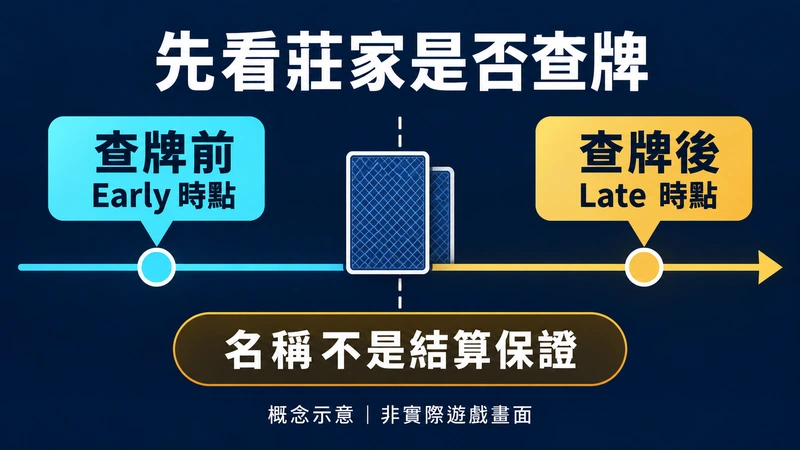 以時間線對照莊家查底牌前的 Early 時點與查牌後的 Late 時點，提醒結算仍須依該桌規則。