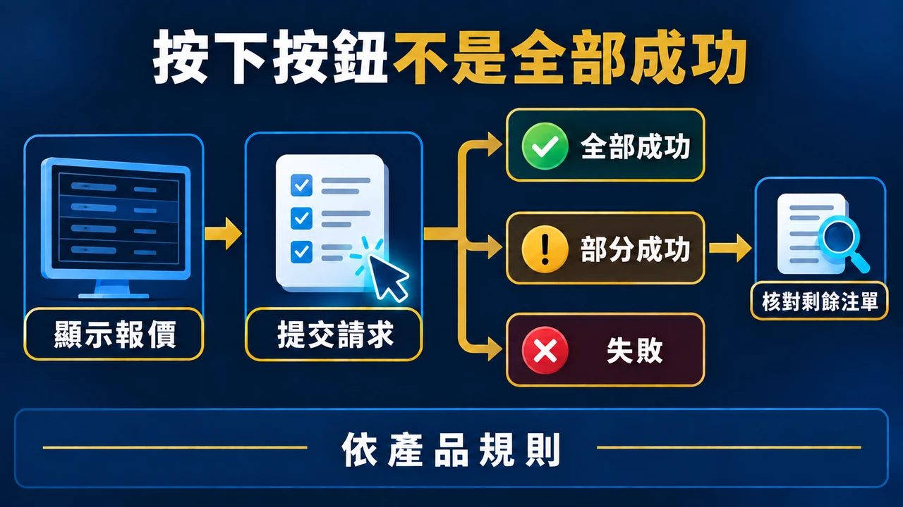 報價及提交請求後，可能全部成功、部分成功或失敗